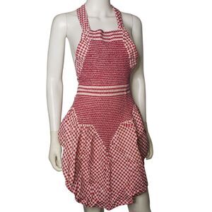 Vintage Handmade Smocked Red & White Gingham Halter Apron Retro 50's Kitchen
